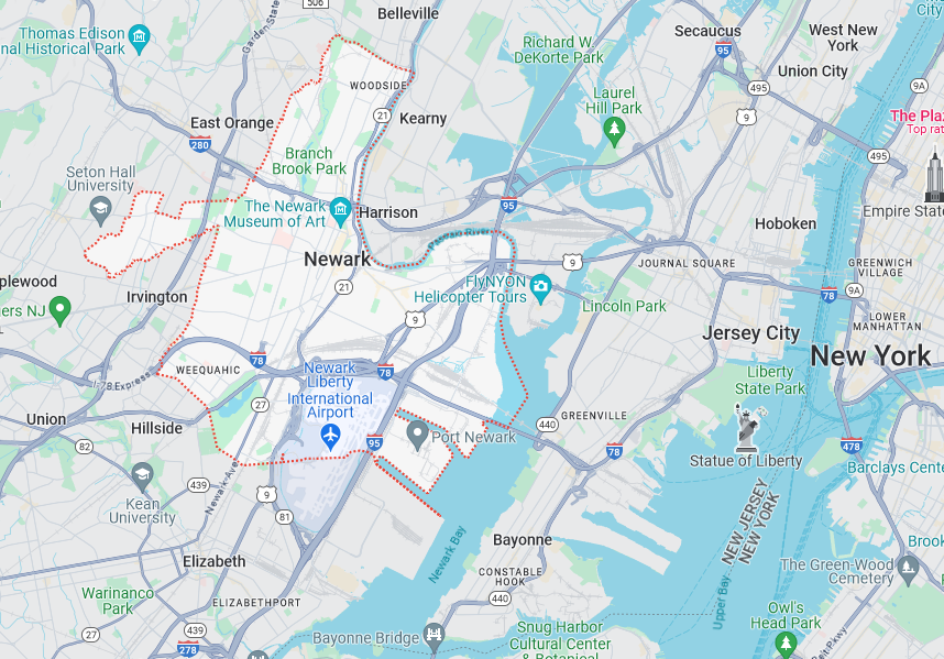 Relier's Limousine and Car Service Map for Newark, New Jersey