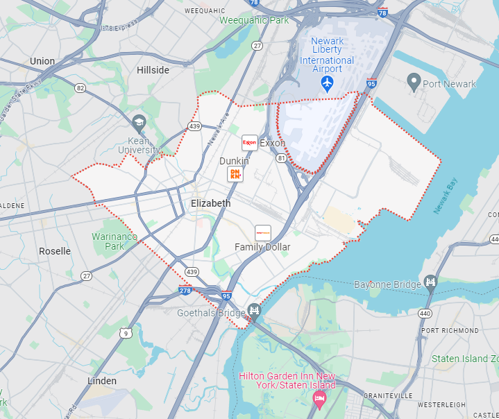 Our Transportation Services Map for Elizabeth, New Jersey