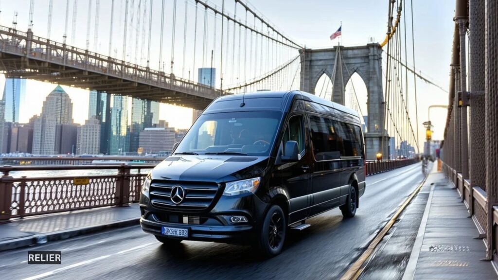 Luxury sprinter van driving across the Brooklyn Bridge with the Manhattan skyline in the backdrop