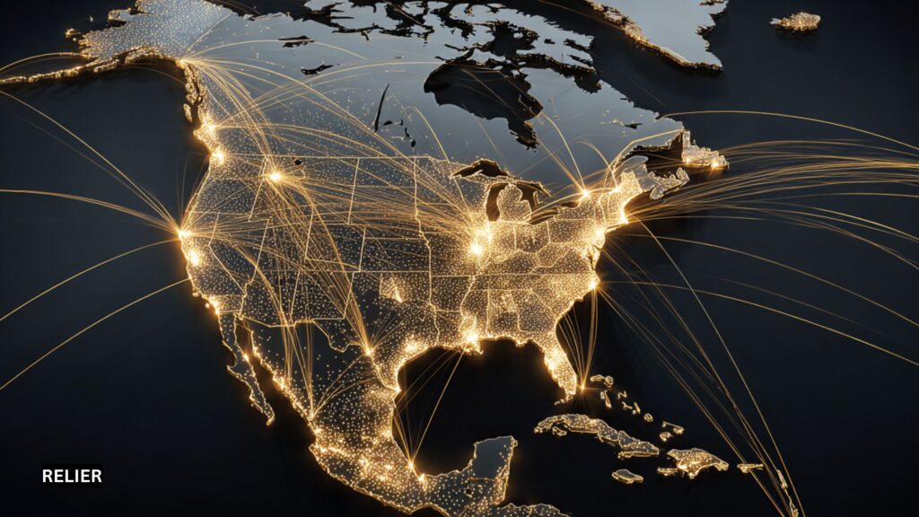 Map of North America with golden travel lines converging on FIFA World Cup 2026 host cities including Toronto, Vancouver, Los Angeles, New York, Miami, Mexico City, and Monterrey; no text, focus on global arrivals.