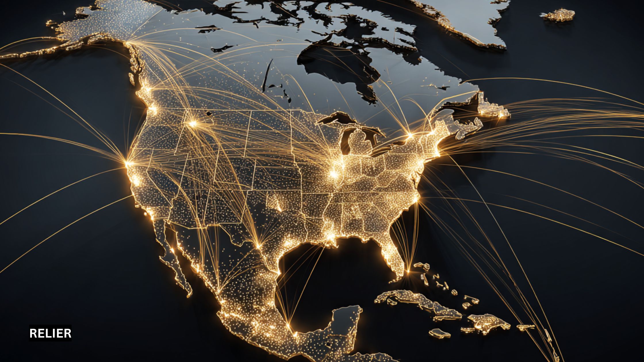 Map of North America with golden travel lines converging on FIFA World Cup 2026 host cities including Toronto, Vancouver, Los Angeles, New York, Miami, Mexico City, and Monterrey; no text, focus on global arrivals.