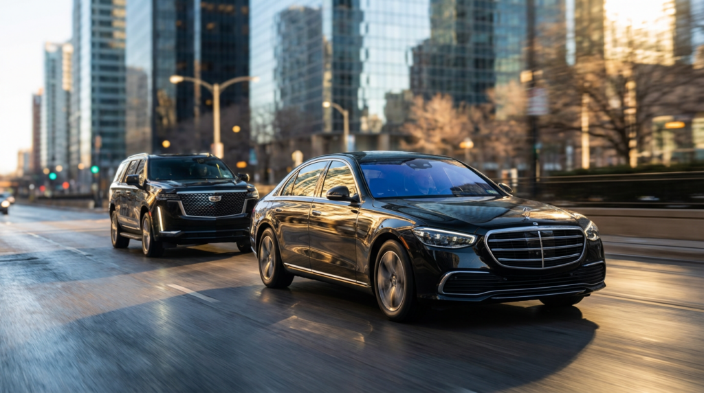 Alt text Two black chauffeured luxury vehicles driving through a modern city street, showcasing professional executive transportation for business travelers in an urban setting.